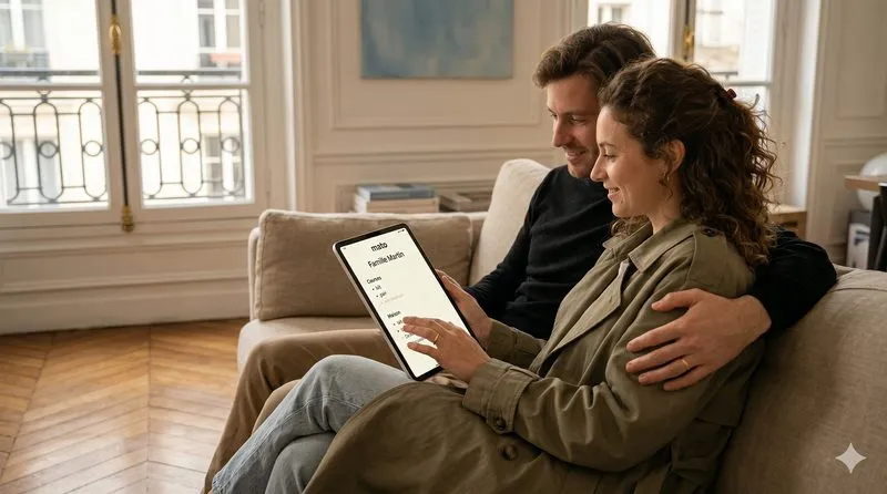 Famille consultant la liste partagée Mato