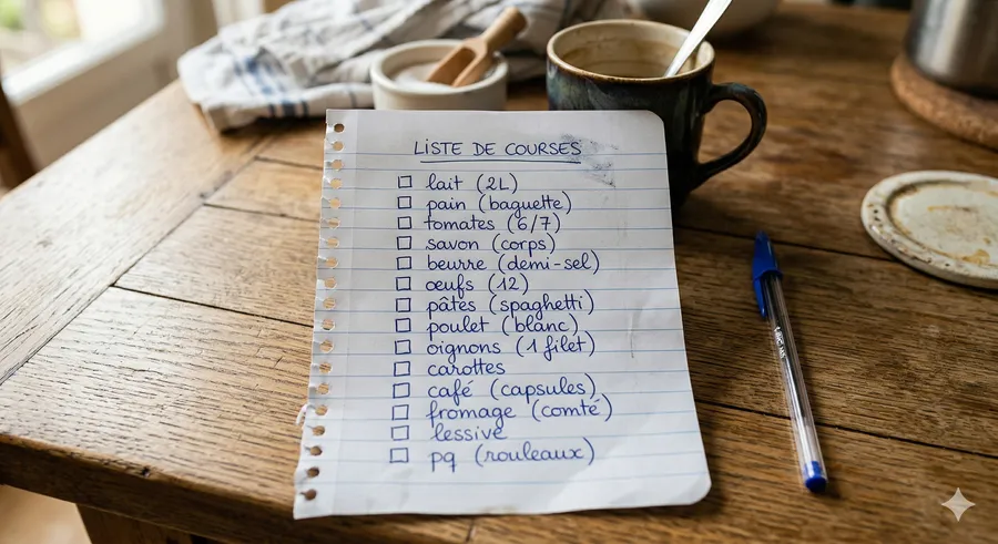 Photo d'une liste de courses manuscrite importée par Mato